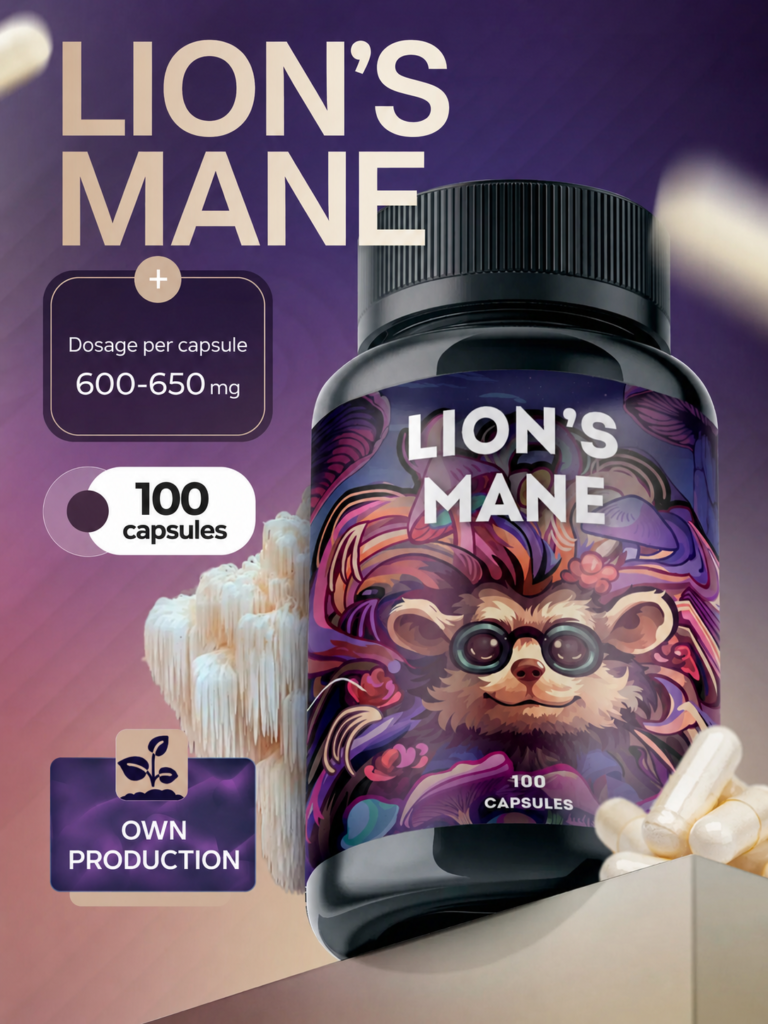 Herbalson Lion's Mane mushroom capsules bottle, 100 capsules, 600–650 mg