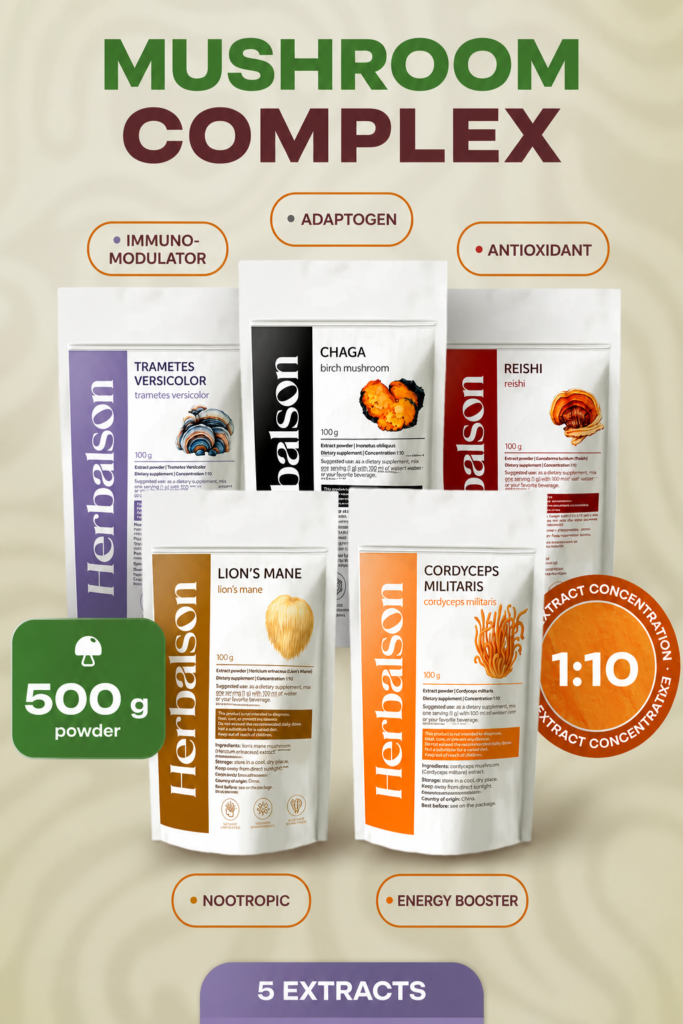 Herbalson mushroom powder set with Lion's Mane, Cordyceps, Reishi, Turkey Tail and Chaga