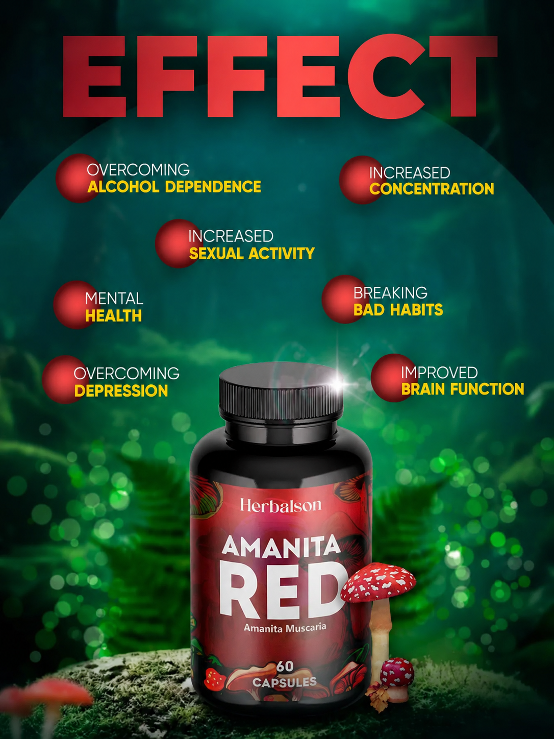 Amanita Muscaria RED capsules product effects infographic