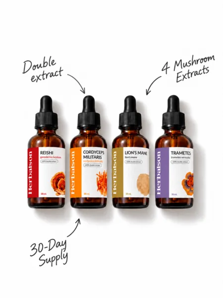Herbalson set of four mushroom double extracts — reishi, cordyceps militaris, lion's mane and trametes, 30 ml each