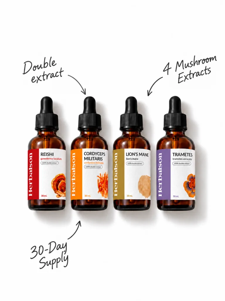 Herbalson set of four mushroom double extracts — reishi, cordyceps militaris, lion's mane and trametes, 30 ml each