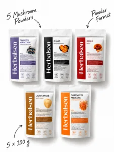 Mushroom Powder Set: Lion's Mane, Cordyceps, Reishi, Turkey Tail & Chaga
