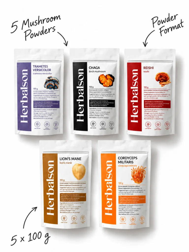 Herbalson set of five mushroom powders — trametes versicolor, chaga, reishi, lion's mane and cordyceps militaris, 100 g each
